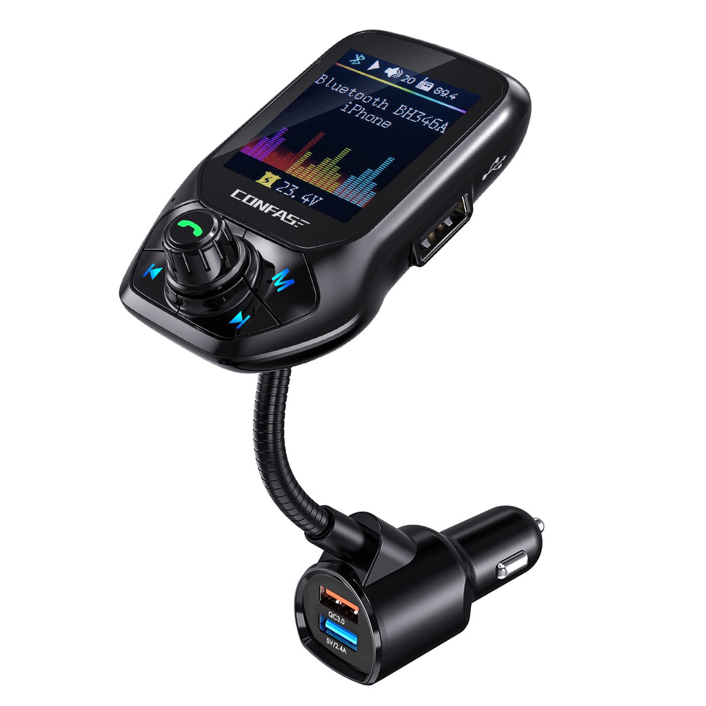 [Australia - AusPower] - Bluetooth FM Transmitter for Car, CONFASE Bluetooth Car Adapter Hands-Free Car Kit with 1.8 Inch Color Screen, QC3.0 Fast Charge, Auto Frequency Tuning and 5 EQ Modes, Support U Disk/TF Card/Aux 