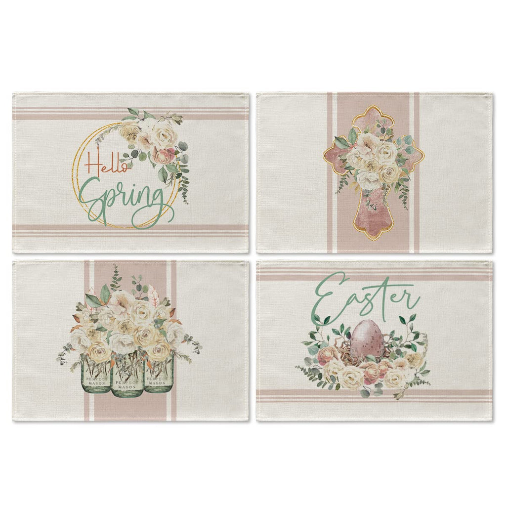 [Australia - AusPower] - Artoid Mode Hello Spring Rose Elegant Easter Placemats for Dining Table, 12 x 18 Inch Spring Summer Seasonal Holiday Rustic Vintage Washable Table Mats Set of 4 