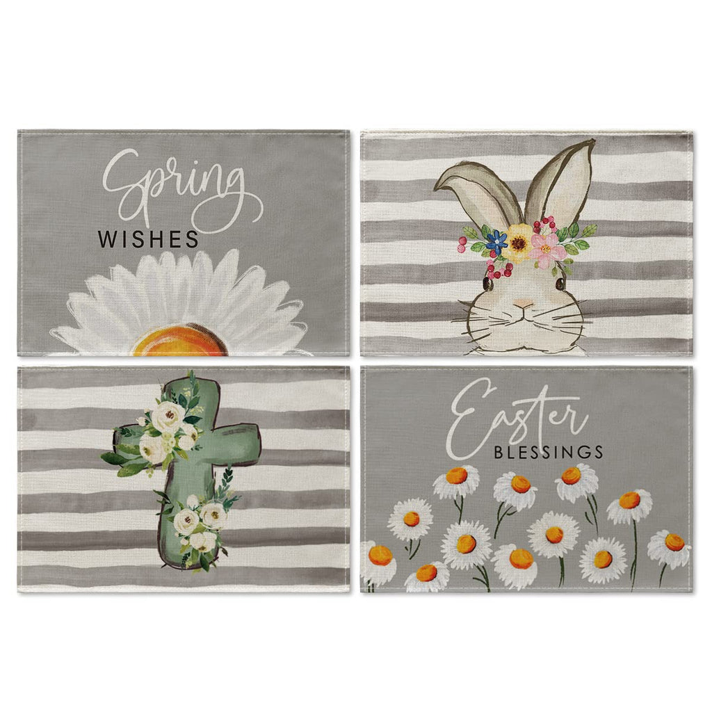 [Australia - AusPower] - Artoid Mode Stripes Easter Blessings Spring Wishes Daisy White Rose Bunny Easter Placemats for Dining Table, 12 x 18 Inch Seasonal Holiday Rustic Vintage Washable Table Mats Set of 4 