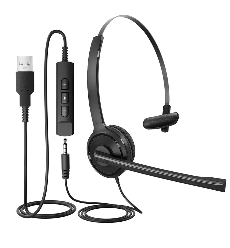 [Australia - AusPower] - USB Headset, Single-Ear Headset with Microphone Noise Cancelling, PC Wired Headset with Volume Control, 3.5mm /USB, Headphone with Clear Calls, for Laptop Tablets Office Skype Webinar Call Center 