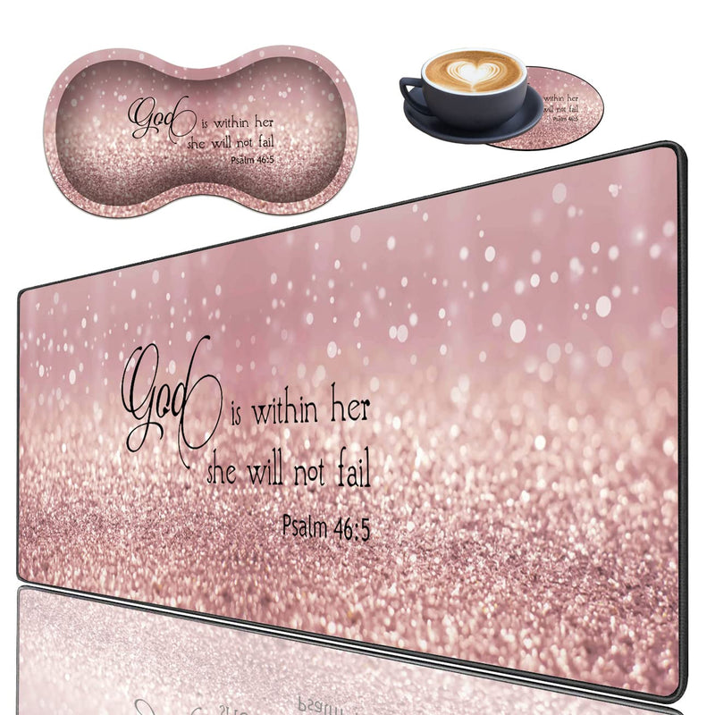 [Australia - AusPower] - XMTMR-Glass Extended Gaming Mouse Pad with Seam, Long XL Desktop Keyboard Pad, Suitable for Work/Game/Office/Home, Butterfly Wrist Rest Pad and Coaster, Pink Glitter Quotes Psalm 46:5 Xg-g4-bc 001 