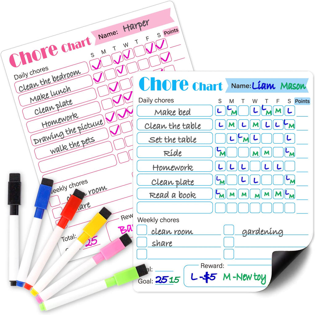 [Australia - AusPower] - LOCATAL Magnetic Chore Chart, 2 Pcs Dry Erase Behavior Charts & 6 Markers, Reward Chart for Multiple Kids Teens Adults Family, Daily Responsibility Rewards Whiteboard for Fridge School Home Supplies 