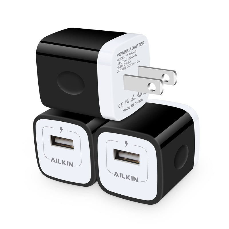 [Australia - AusPower] - Wall Charger Adapter, USB Charging Block, AILKIN 3Pack Single Port USB Wall Plug in Phone Charger Power Adapter Cube Compatible with iPhone 13 12 Pro Mini Max SE 11 XR, Samsung Galaxy S22 S21, Google Black 