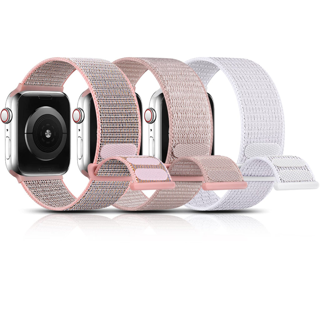 [Australia - AusPower] - Getino Sport Band Compatible with Apple Watch 42mm 44mm 45mm 38mm 40mm 41mm iWatch Series 7 6 5 4 3 2 1 SE, Stretchy Woven Nylon Bands for Women Men, Reflective White, Pink Sand, Rose Pink 3-Reflective White/Pink Sand/Rose Pink 42mm/44mm/45mm 
