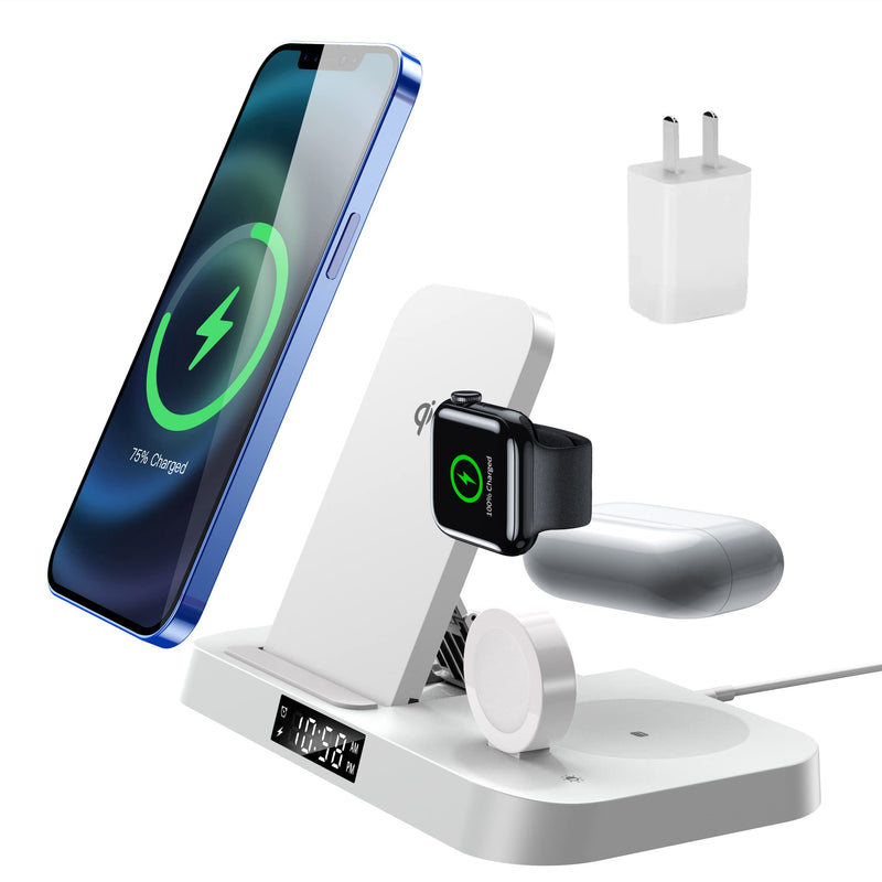 [Australia - AusPower] - Alarm clock Wireless Charging Station 3 in 1 Fast Charging Station,Wireless Charger Stand for iPhone 13/12/Mini/11 Pro Max/SE/X/XR/Xs Max 8/ Plus,for Samsung Galaxy Series Phone(White Include Adapter) White 