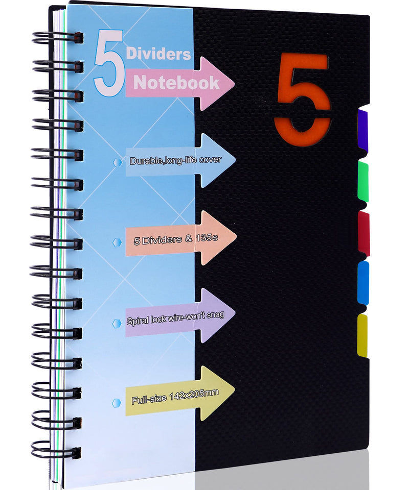 [Australia - AusPower] - CAGIE 5 Subject Spiral Notebook, Spiral Journal with Divider Tabs, A5 Wide Ruled Notebooks for Work, 8.5 x6.9 Inches, 110 Sheets, Black 