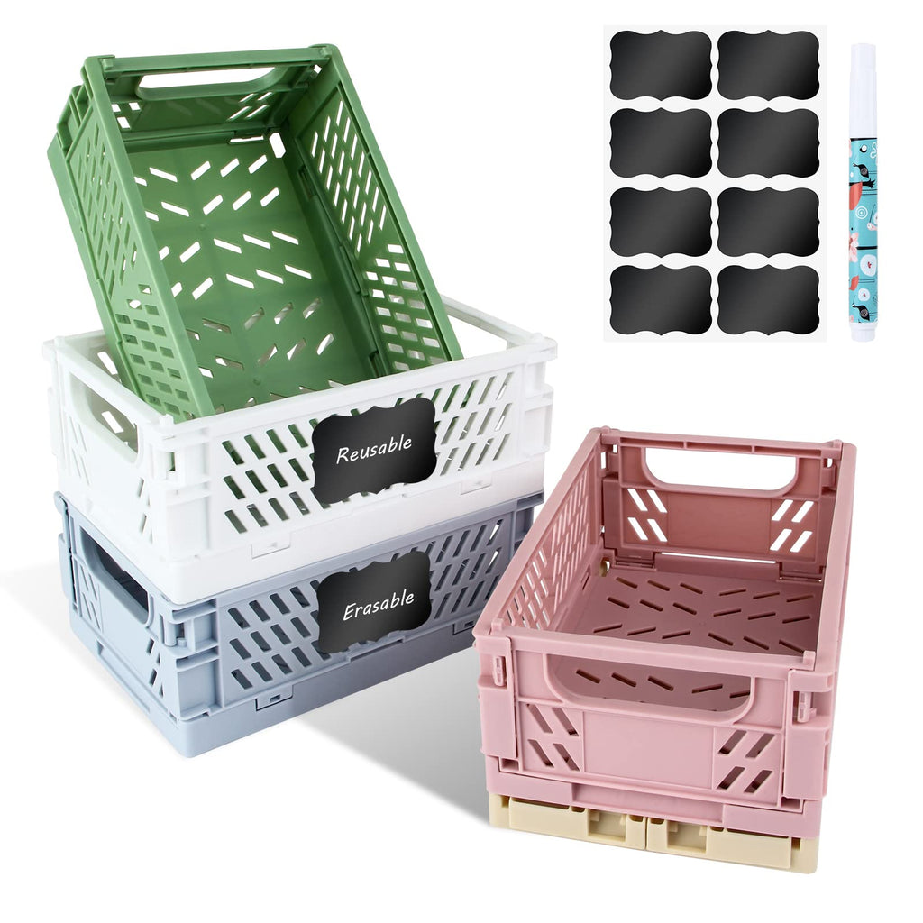 [Australia - AusPower] - 5-Pack Mini Pastel Crates Foldable Plastic Baskets Stackable Storage Crates with 8 Label Stickers 1 Marker Pen - Collapsible Plastic Crates for Home Kitchen Bedroom Office Shelf Storage Organizing Candy Color*5 