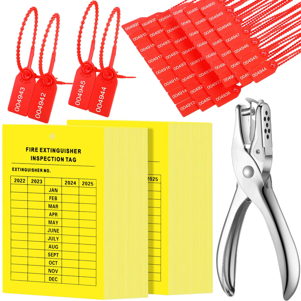 [Australia - AusPower] - 101 Pieces Monthly Fire Extinguisher Inspection Tags Eye Wash AED 4 Years Maintenance Tags and Plastic Tamper Seals Numbered Security Tags with Handheld Hole Puncher (Red, Yellow,Fire Extinguisher) Red, Yellow 