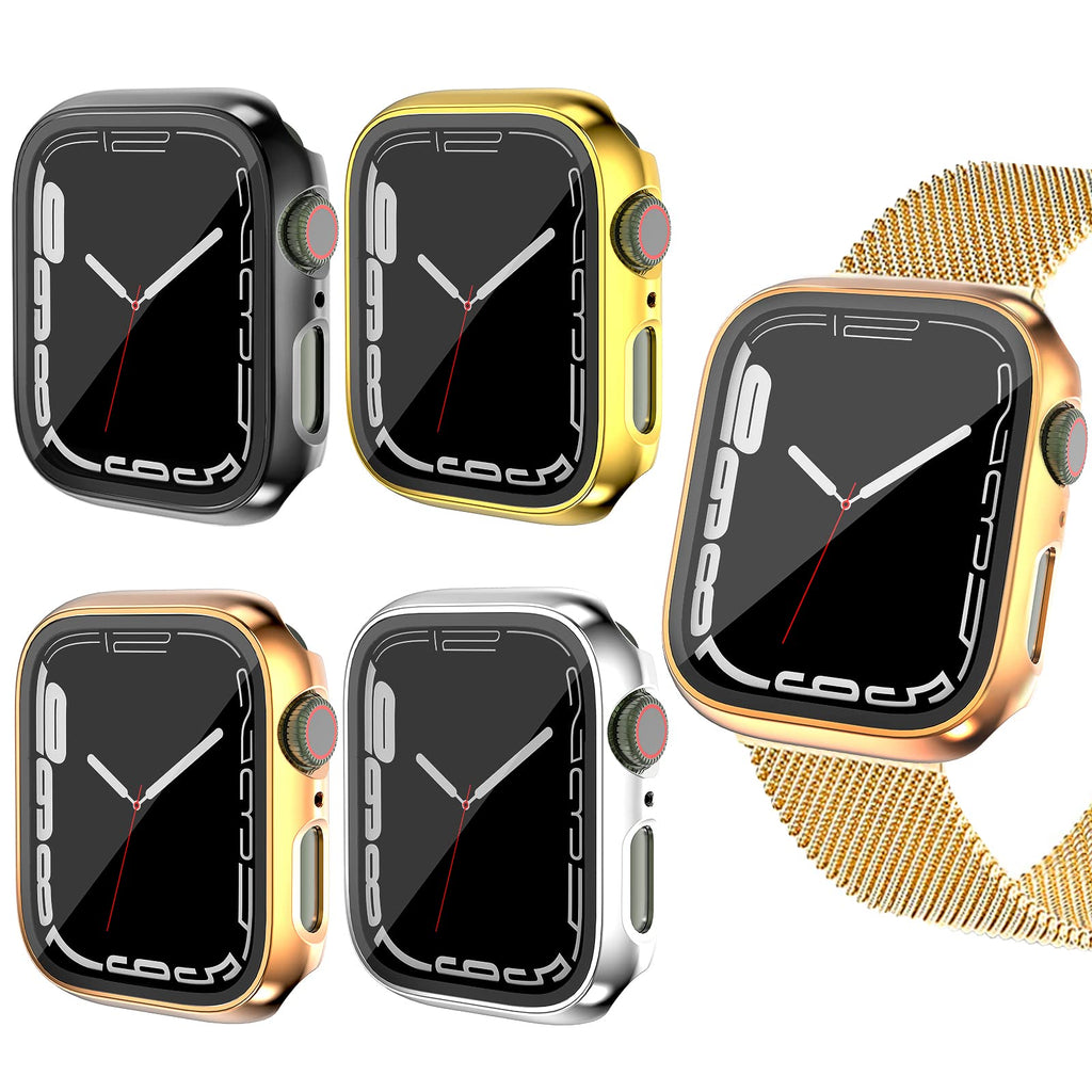 [Australia - AusPower] - Hard PC Plating Case Compatible for Apple Watch Series 7 45mm with Tempered Glass Screen Protector, Full Around Protective Cover Bumper for iWatch Smartwatch, 4 Pcs, Black/Silver/Gold/Rose Gold 