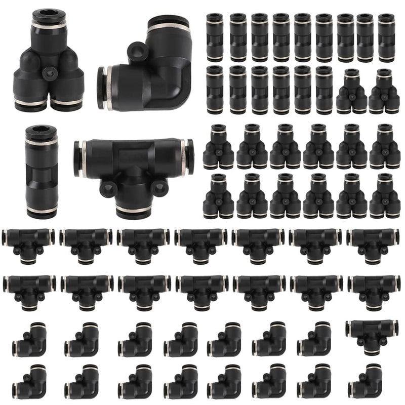 [Australia - AusPower] - 60PCS Push to Connect Fittings, Air Line Fittings Pneumatic Fittings Kit with 15 Splitters 15 Elbows 15 Tee and 15 Straight Tubes, Quick Release Connectors for 1/4'' OD Tube, Black 