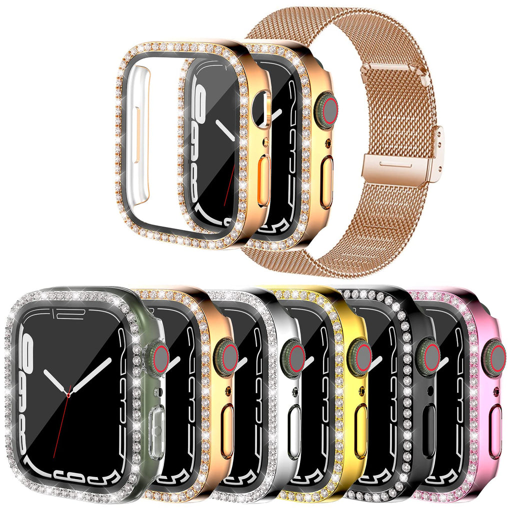 [Australia - AusPower] - [6 Pack] Hard PC Plating Case Compatible for Apple Watch Series 7 41mm with Tempered Glass Screen Protector, Bling Crystal Diamond Rhinestone Cover Bumper for iWatch 7 Smartwatch, 6 Pcs Black/Silver/Pink/Gold/Colorful/Rose Gold 