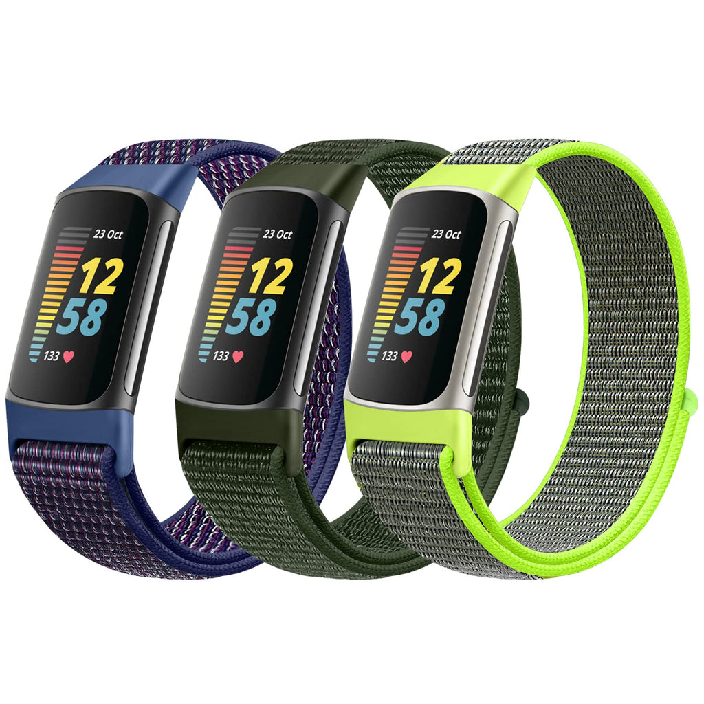 [Australia - AusPower] - AVOD Sport Loop Nylon Watch Bands Only Compatible with Fitbit Charge 5 Bands, Adjustable Breathable Replacement Soft Nylon Loop Wristband Accessories for Women Men for Charge 5 Advanced Fitness Tracker Indigo+Olive Green+Flash 