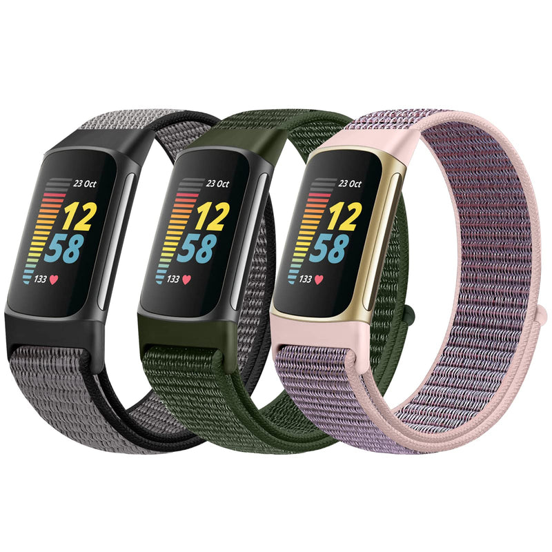 [Australia - AusPower] - AVOD Sport Loop Nylon Watch Bands Only Compatible with Fitbit Charge 5 Bands, Adjustable Breathable Replacement Soft Nylon Loop Wristband Accessories for Women Men for Charge 5 Advanced Fitness Tracker Iron Grey+Olive Green+Pink Sand 