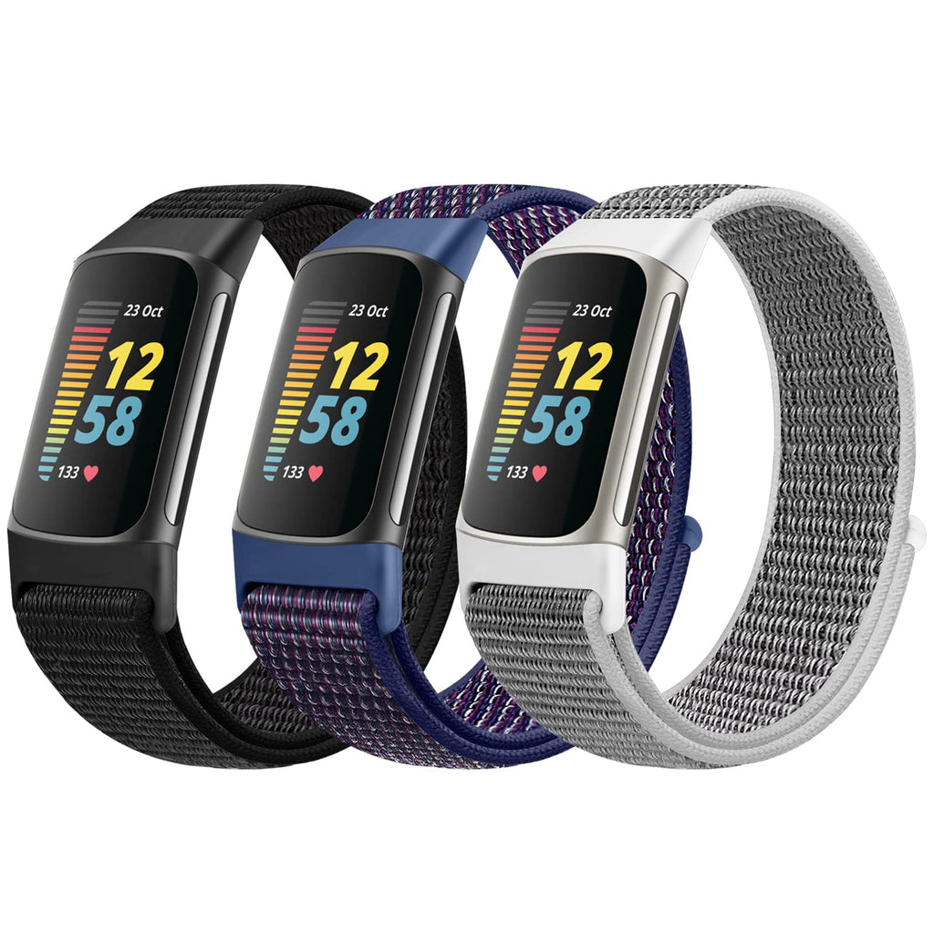 [Australia - AusPower] - AVOD Sport Loop Nylon Watch Bands Only Compatible with Fitbit Charge 5 Bands, Adjustable Breathable Replacement Soft Nylon Loop Wristband Accessories for Women Men for Charge 5 Advanced Fitness Tracker Dark Black+Indigo+Seashell 