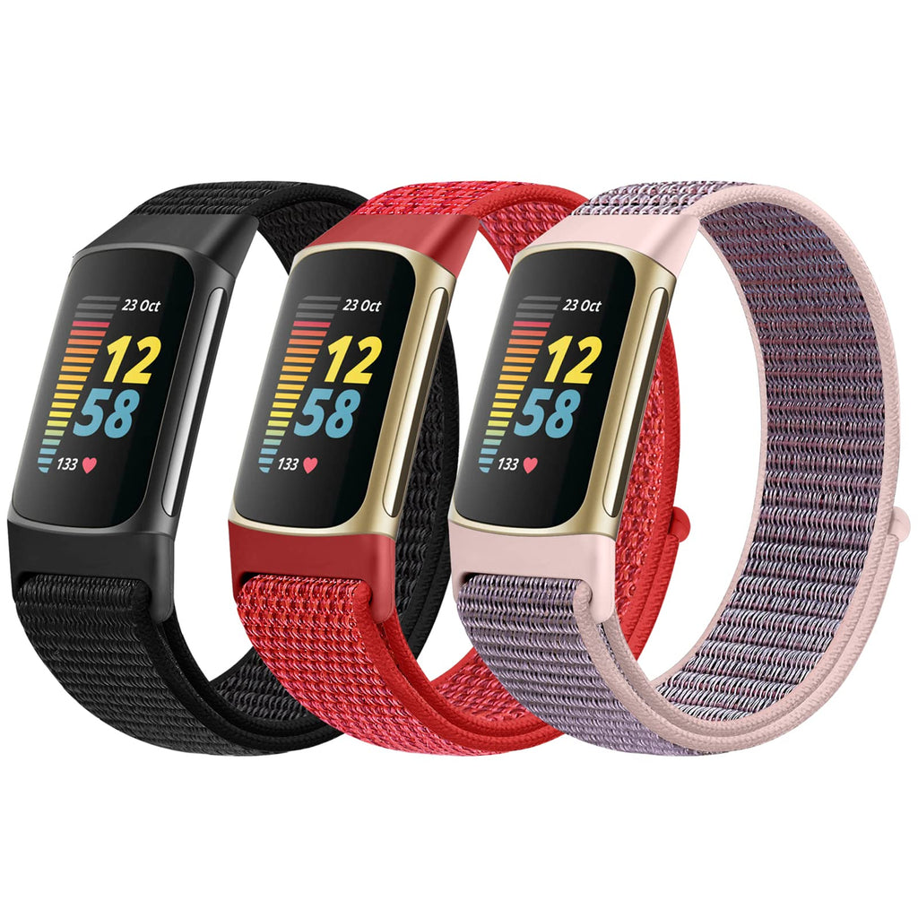 [Australia - AusPower] - AVOD Sport Loop Nylon Watch Bands Only Compatible with Fitbit Charge 5 Bands, Adjustable Breathable Replacement Soft Nylon Loop Wristband Accessories for Women Men for Charge 5 Advanced Fitness Tracker Dark Black+China Red+Pink Sand 