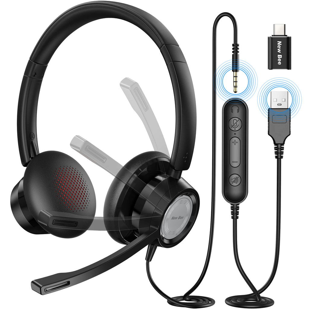 [Australia - AusPower] - New Bee USB Headset with 270° Rotatable Microphone Computer Headset in-line Controls Call Center Stereo Wired PC Headset Ultra Comfort for Skype, Zoom, Laptop, Phone, PC, Tablet(with USB-c Adapter) 