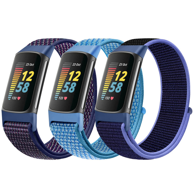 [Australia - AusPower] - AVOD Sport Loop Nylon Watch Bands Only Compatible with Fitbit Charge 5 Bands, Adjustable Breathable Replacement Soft Nylon Loop Wristband Accessories for Women Men for Charge 5 Advanced Fitness Tracker Indigo+Cape Blue+New Midnight Blue 