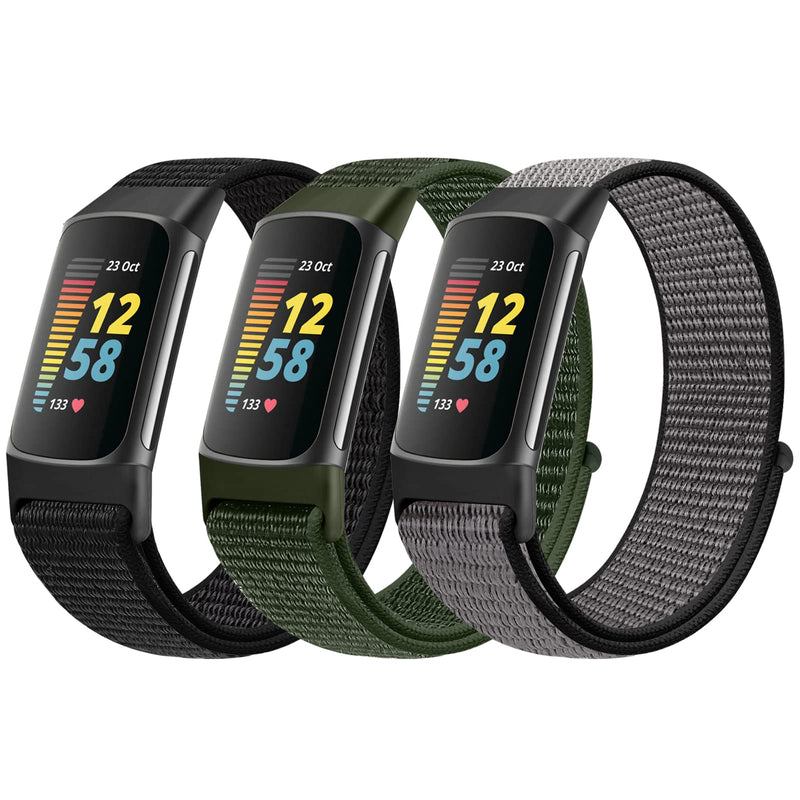 [Australia - AusPower] - AVOD Sport Loop Nylon Watch Bands Only Compatible with Fitbit Charge 5 Bands, Adjustable Breathable Replacement Soft Nylon Loop Wristband Accessories for Women Men for Charge 5 Advanced Fitness Tracker Dark Black+Olive Green+Iron Grey 