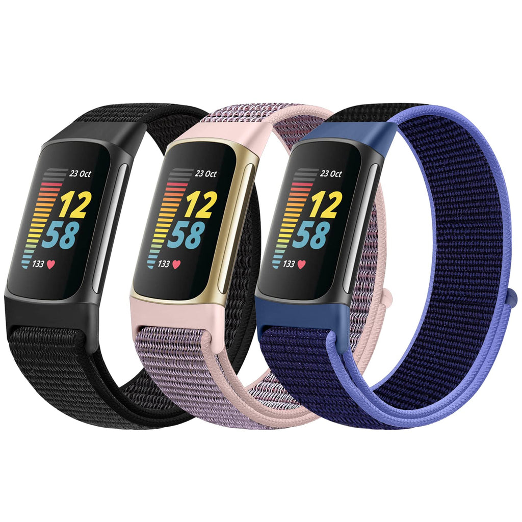 [Australia - AusPower] - AVOD Sport Loop Nylon Watch Bands Only Compatible with Fitbit Charge 5 Bands, Adjustable Breathable Replacement Soft Nylon Loop Wristband Accessories for Women Men for Charge 5 Advanced Fitness Tracker Dark Black+Pink Sand+New Midnight Blue 