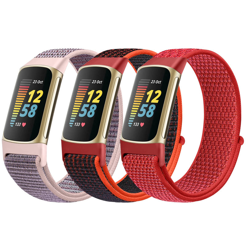[Australia - AusPower] - AVOD Sport Loop Nylon Watch Bands Only Compatible with Fitbit Charge 5 Bands, Adjustable Breathable Replacement Soft Nylon Loop Wristband Accessories for Women Men for Charge 5 Advanced Fitness Tracker Pink Sand+Red Black+China Red 