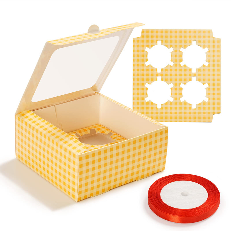 [Australia - AusPower] - Cupcake Boxes Bulk 5 Packs , Disposable Cupcakes Container Hold 4 Standard Bakery, Pastry, Cookie ,Muffins,Gift Treat Cake Boxes with Window , Red Ribbon 6 x 6 x 2.7" 