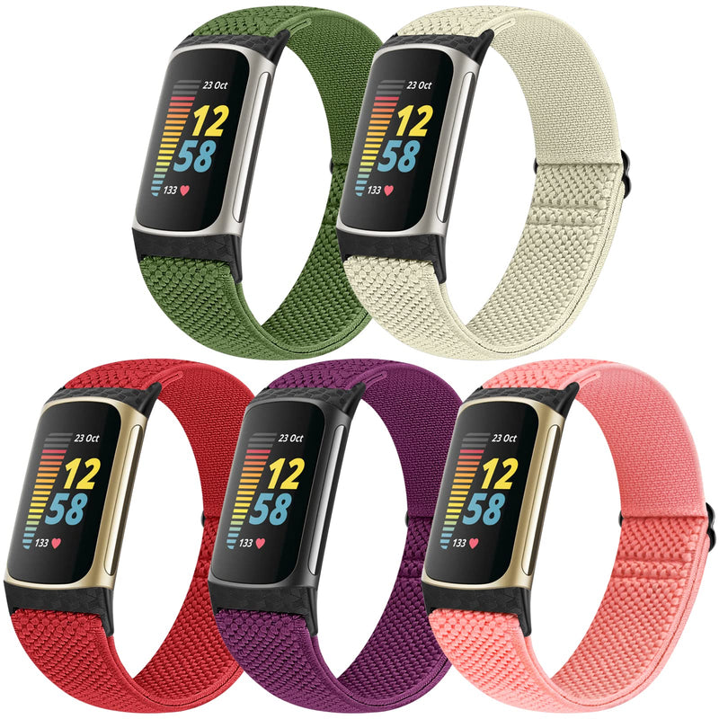 [Australia - AusPower] - Runostrich Adjustable Elastic Watch Bands Compatible with Fitbit Charge 5 for Women Men, 5 Pack Stretchy Sport Loop Band Soft Nylon Wristband Accessories for Charge 5 Fitness & Health Tracker Olive Green+Creamy-white+China Red+Purple+Pink 