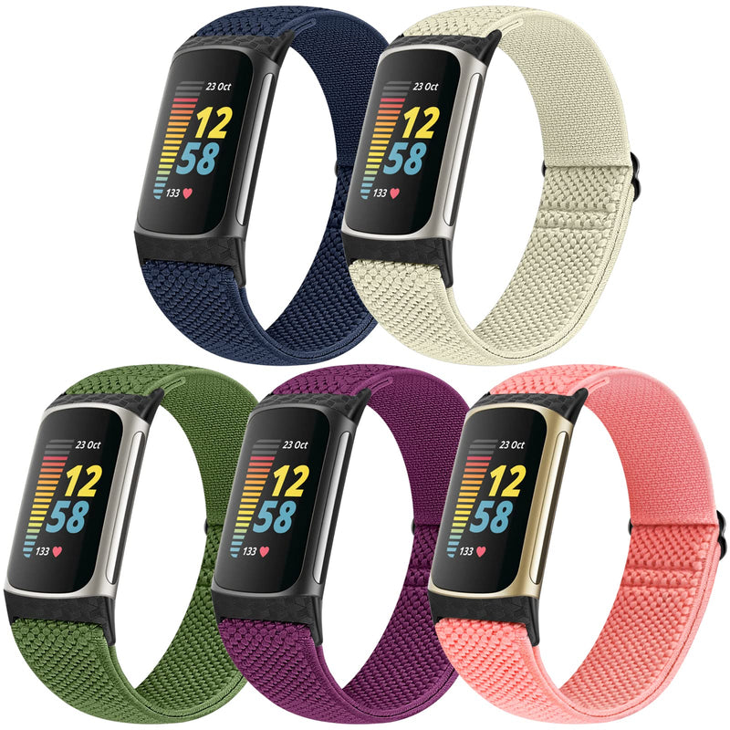 [Australia - AusPower] - Runostrich Adjustable Elastic Watch Bands Compatible with Fitbit Charge 5 for Women Men, 5 Pack Stretchy Sport Loop Band Soft Nylon Wristband Accessories for Charge 5 Fitness & Health Tracker Indigo+Creamy-white+Olive Green+Purple+Pink 