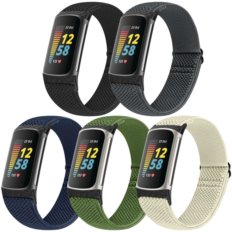[Australia - AusPower] - Runostrich Adjustable Elastic Watch Bands Compatible with Fitbit Charge 5 for Women Men, 5 Pack Stretchy Sport Loop Band Soft Nylon Wristband Accessories for Charge 5 Fitness & Health Tracker Black+Grey+Indigo+Olive Green+Creamy-white 