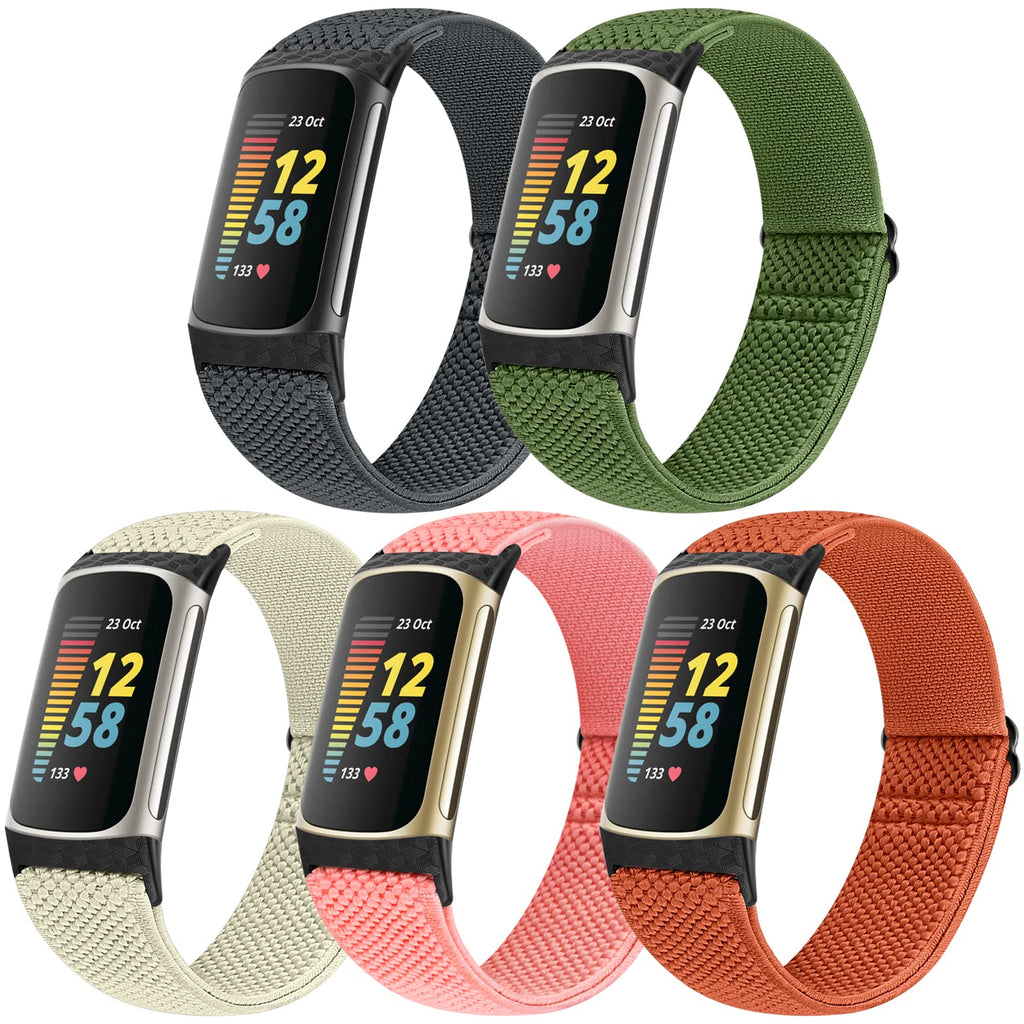 [Australia - AusPower] - Runostrich Adjustable Elastic Watch Bands Compatible with Fitbit Charge 5 for Women Men, 5 Pack Stretchy Sport Loop Band Soft Nylon Wristband Accessories for Charge 5 Fitness & Health Tracker Grey+Olive Green+Creamy-white+Pink+Orange 