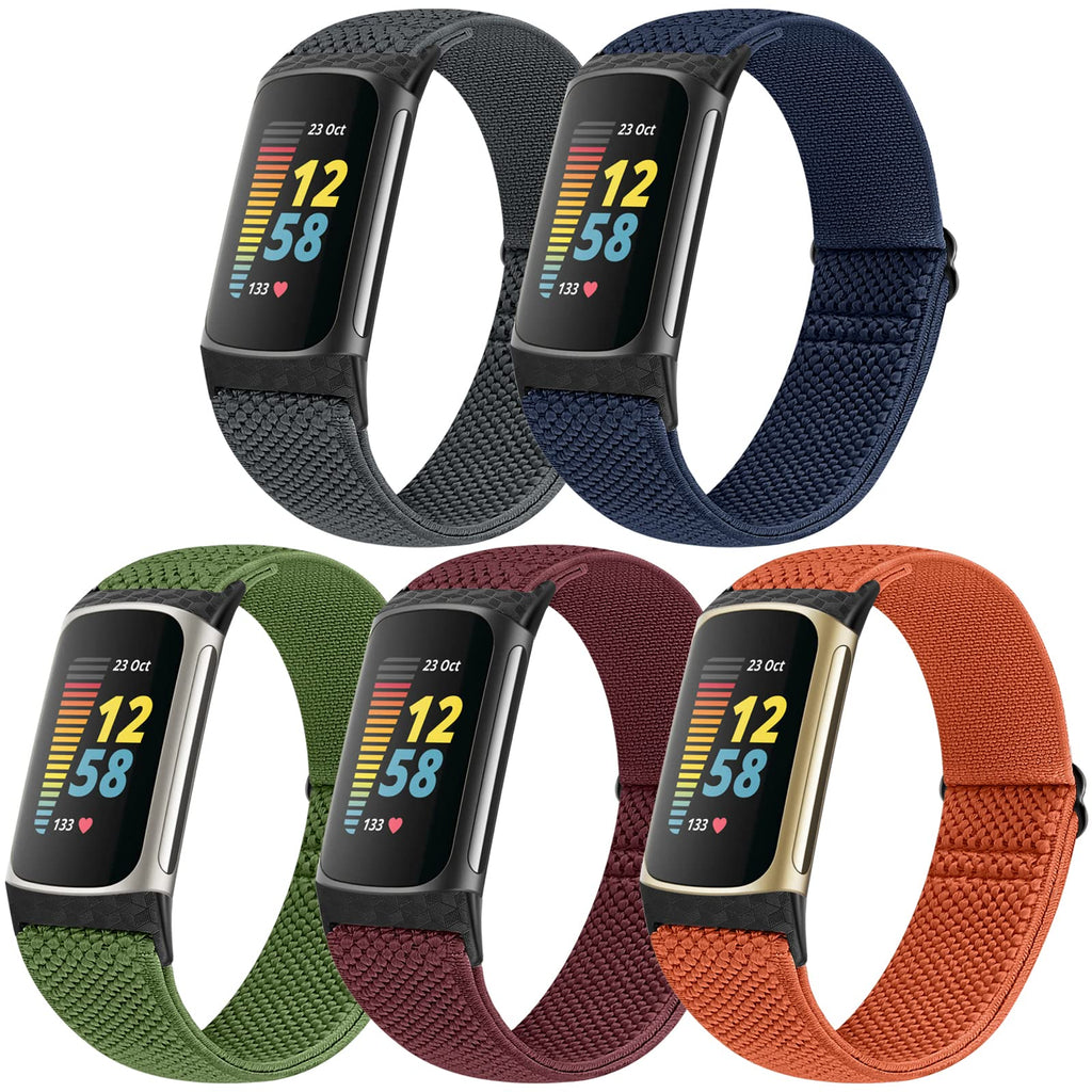 [Australia - AusPower] - Runostrich Adjustable Elastic Watch Bands Compatible with Fitbit Charge 5 for Women Men, 5 Pack Stretchy Sport Loop Band Soft Nylon Wristband Accessories for Charge 5 Fitness & Health Tracker Grey+Indigo+Olive Green+Wine Red+Orange 