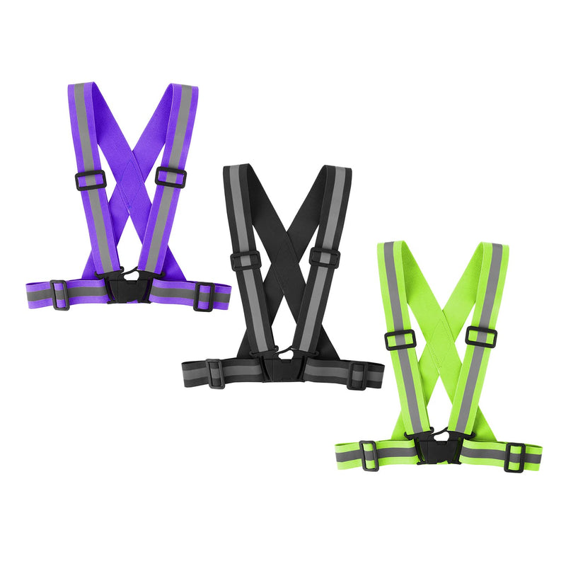 [Australia - AusPower] - Famnosta Running Reflective Vest Gear 3 Pack, Adjustable Safety Vest High Visible Reflective Belt Straps Night Walking Vest Green,Black,Purple 