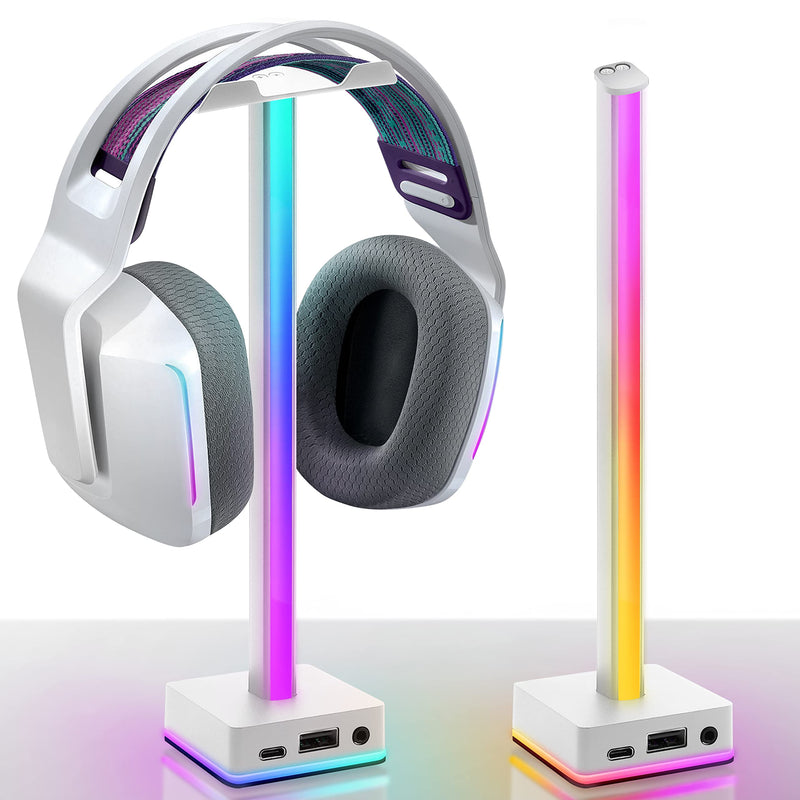 [Australia - AusPower] - EZDIY-FAB USB LED Light Bar Headphones Stand, Desktop Atmosphere RGB Backlight,50 Built-in Color Modes, Headphone Holder for Gamers Gaming PC PS5 Accessories Desk- White- 1 Pack 