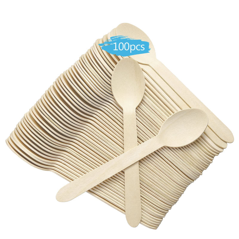 [Australia - AusPower] - Goodsun Disposable Wooden Spoons 100 PCS Smooth and Round Surface Earth Friendly Cutlery, 6.3 Inches Length, Natural Wooden Spoon 