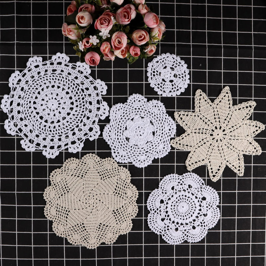 [Australia - AusPower] - GIFOYO 6 Pieces Doilies Crochet Round Lace Doily Handmade Placemats for Kitchen Dining Room Party Dressers Dream Catcher Decoration(White&Beige) white&beige 