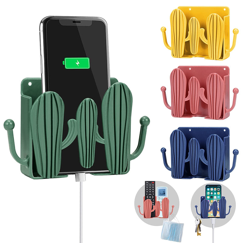 [Australia - AusPower] - 4Pieces Cactus Wall Mount Phone Holder Self-Adhesive,Charging Remote Control Wall-Mounted Brackets,Wall Storage Box Plastic Wall Holder for Bedroom,can Place Watch, Data line,Headset,Hair Rope 