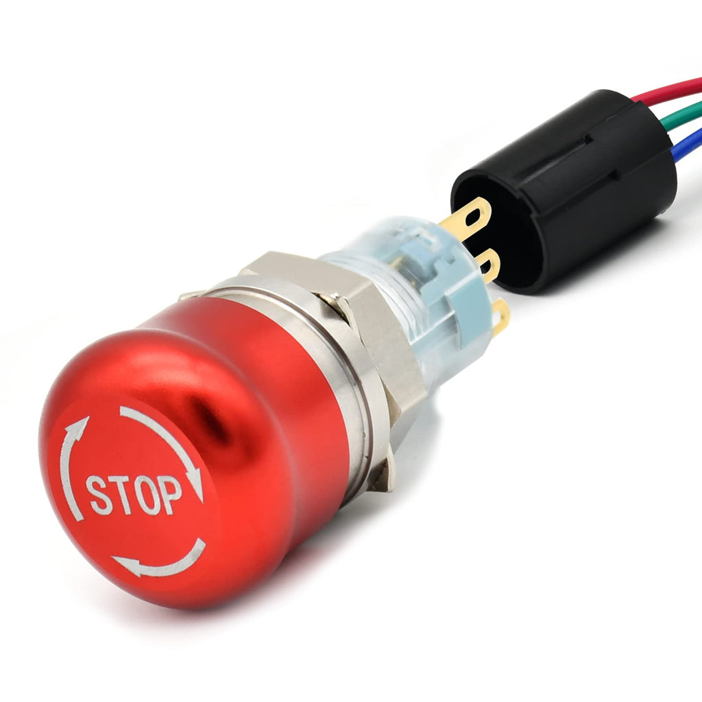 [Australia - AusPower] - 16mm Latching Emergency Stop Push Button Switch Mushroom Stianless Steel Red with Stop Sign 1NO 1NC 0.63" Mounting Hole (16MM Small Head) 16MM Small Head 