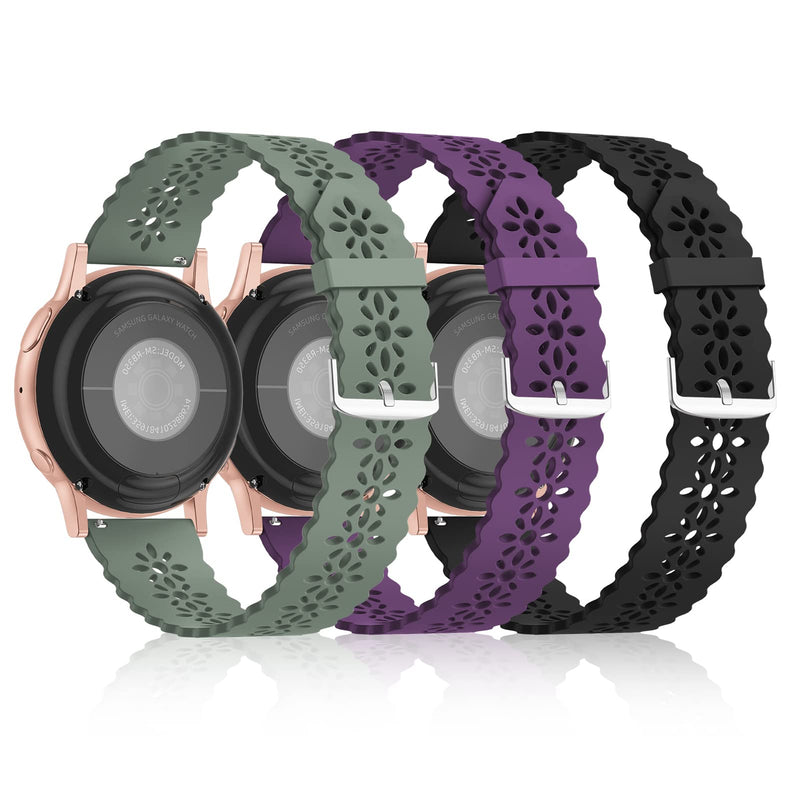 [Australia - AusPower] - [Bandiction 3 Pack] 20mm Lace Silicone Band Compatible for Samsung Galaxy Watch 4 Classic 42mm 46mm/Watch 4 40mm 44mm/Watch 3 41mm/Active 40mm/Active 2 40mm 44mm, Slim Thin Wristband for Women Olive Green/Dark Purple/Black 