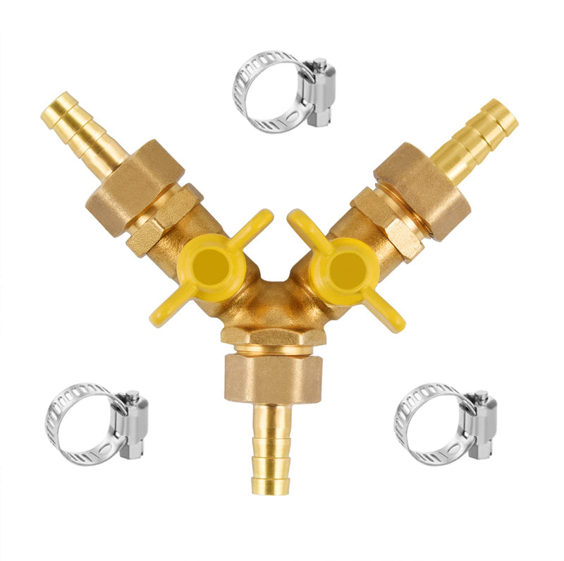 [Australia - AusPower] - Brass 3 Way Shut Off Ball Valve,1/2" Hose Barb 2 Switch Y Shaped Ball Valve with 3 Hose Clamps 1/2" Hose Barb 