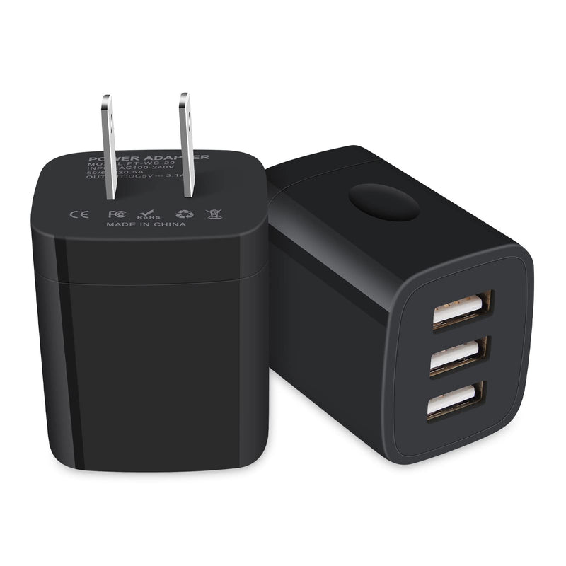 [Australia - AusPower] - USB Wall Charger, GiGreen 2Pack USB Wall Plug 3-Multi Port Fast Charging Block 3.1A Power Adapter Compatible iPhone 13/12/11Pro Max/X/8, Samsung Galaxy S22+/S21/S20FE/A13/A52, Note 20Ultra 5G, Pixel 6 black 