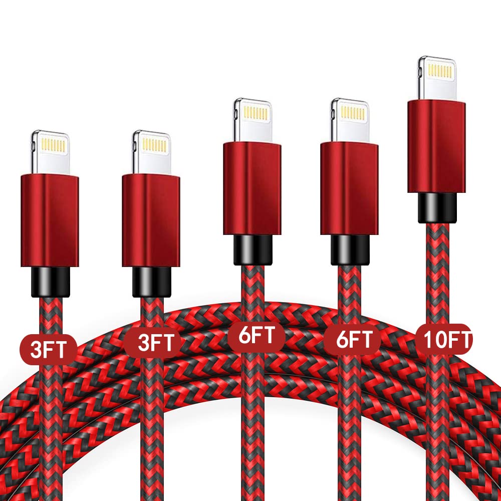 [Australia - AusPower] - iPhone Charger, 5Pack(3/3/6/6/10FT) MFi Certified Lightning Cable High Speed Nylon Braided USB Fast Charging Data Sync Cord Compatible iPhone 13 12Mini 11 Pro Max X XS XR XS SE 8Plus 7 6 5s and More 