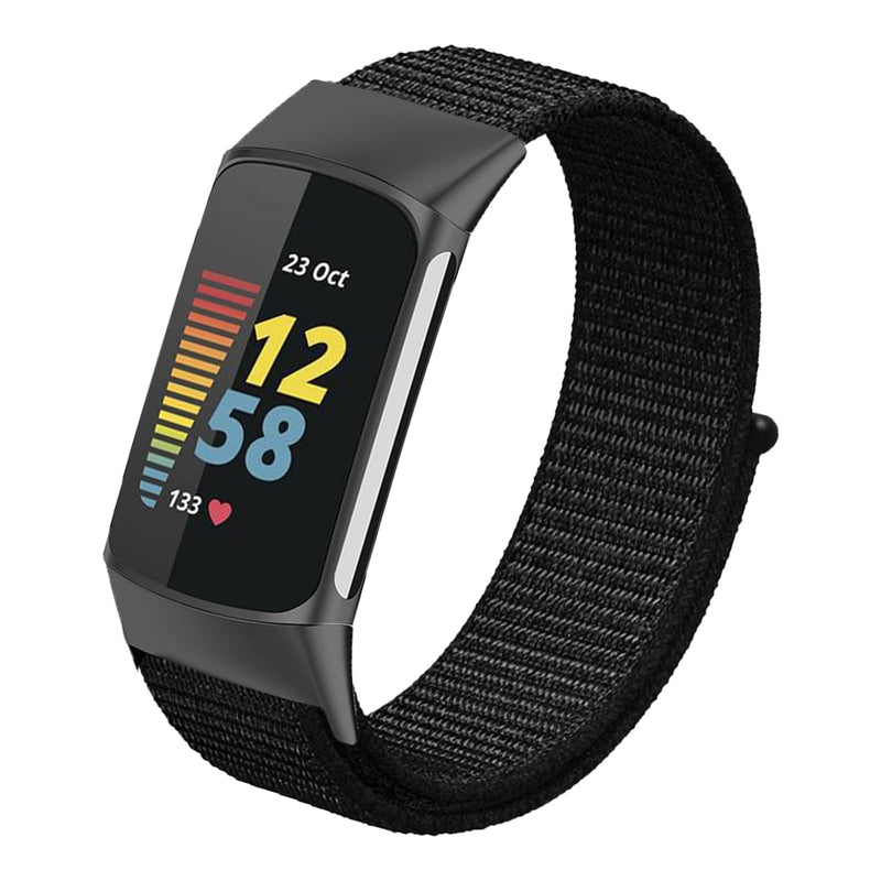 [Australia - AusPower] - Nylon Bands Only Compatible with Fitbit Charge 5 Bands, Soft Breathable Adjustable Replacement Nylon Loop Wristband Sport Strap for Women Men, Black, Large 