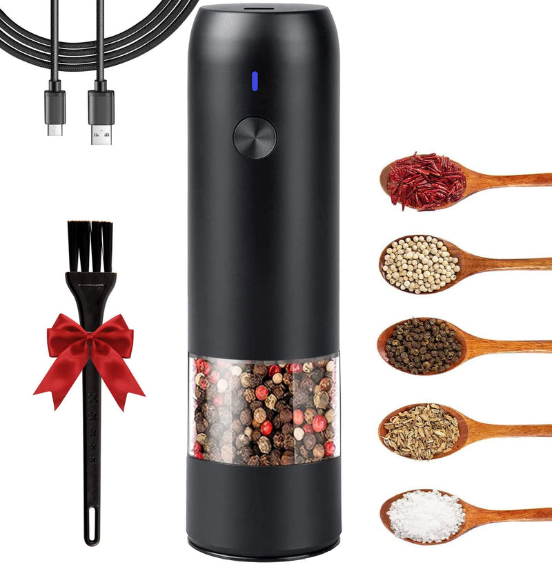 [Australia - AusPower] - Electric Pepper Grinder Mill, USB Rechargeable Salt and Pepper Grinder with Ceramic Grind and LED Light, Adjustable Coarseness and Refillable Glass, No Battery Needed - Black 