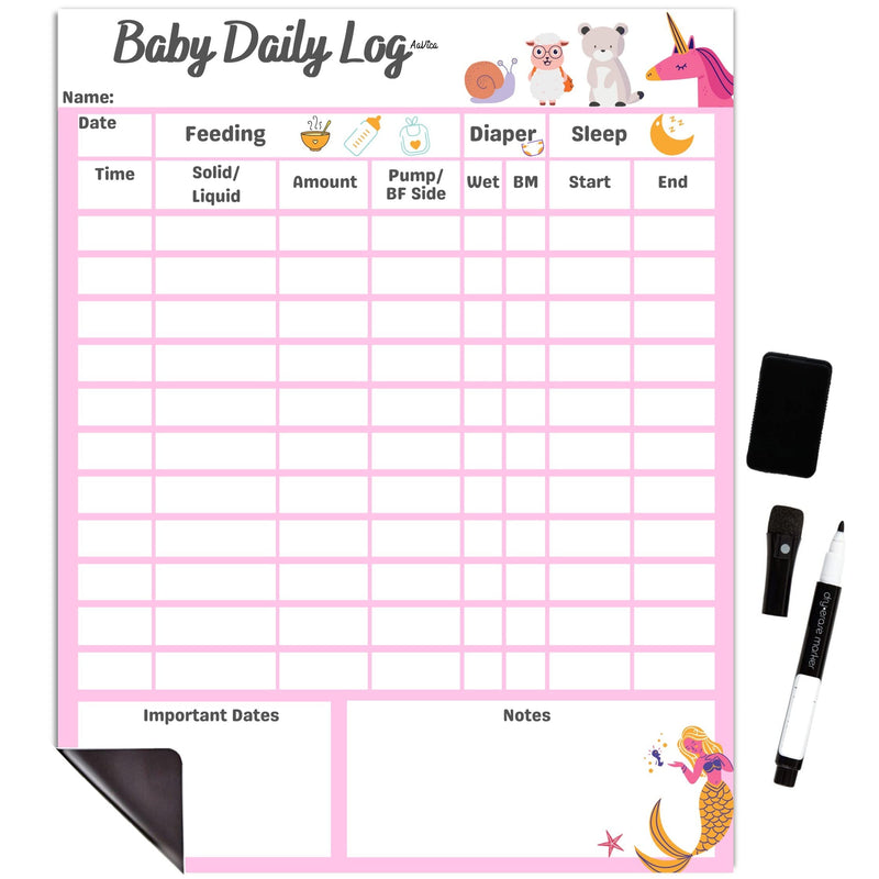 [Australia - AusPower] - Baby Daily Log Chart Dry Erase Whiteboard for Logging Daily Schedule for Newborns and Toddlers, Log Feeding, Diaper Change, Naps and Daily Activities, Board for Refrigerator, with Pen and Eraser Pink 