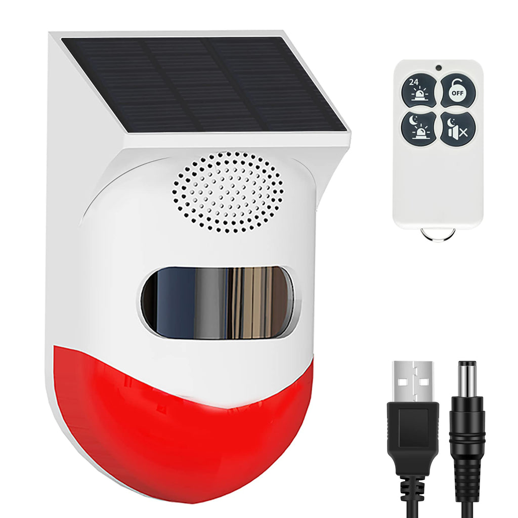 [Australia - AusPower] - Solar Strobe Light with Motion Detector: Solar Alarm Light 120db Sound Security Siren Low False Alarm Rate Arm/Disarm by Remote Controller IP65 Waterproof for Home, Farm, Barn, Yard -DC Charging 