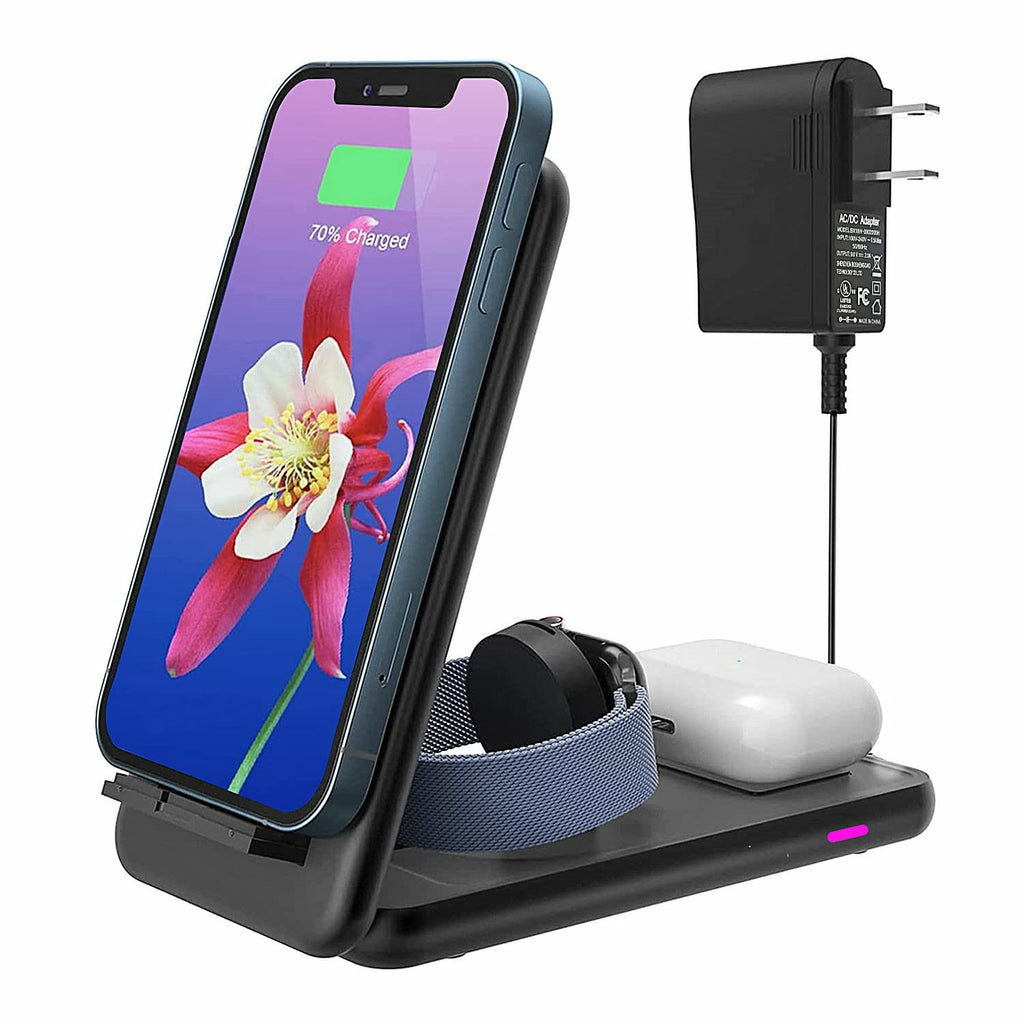 [Australia - AusPower] - 3 in 1 Wireless Charger, FYEZON Foldable Charging Stand, Fast Charging Station with 18W Adapter Compatible with iPhone 13/12/11 Series/XR/X/Xs/8 Plus, Apple iWatch, AirPods 2/Pro (Black) black 