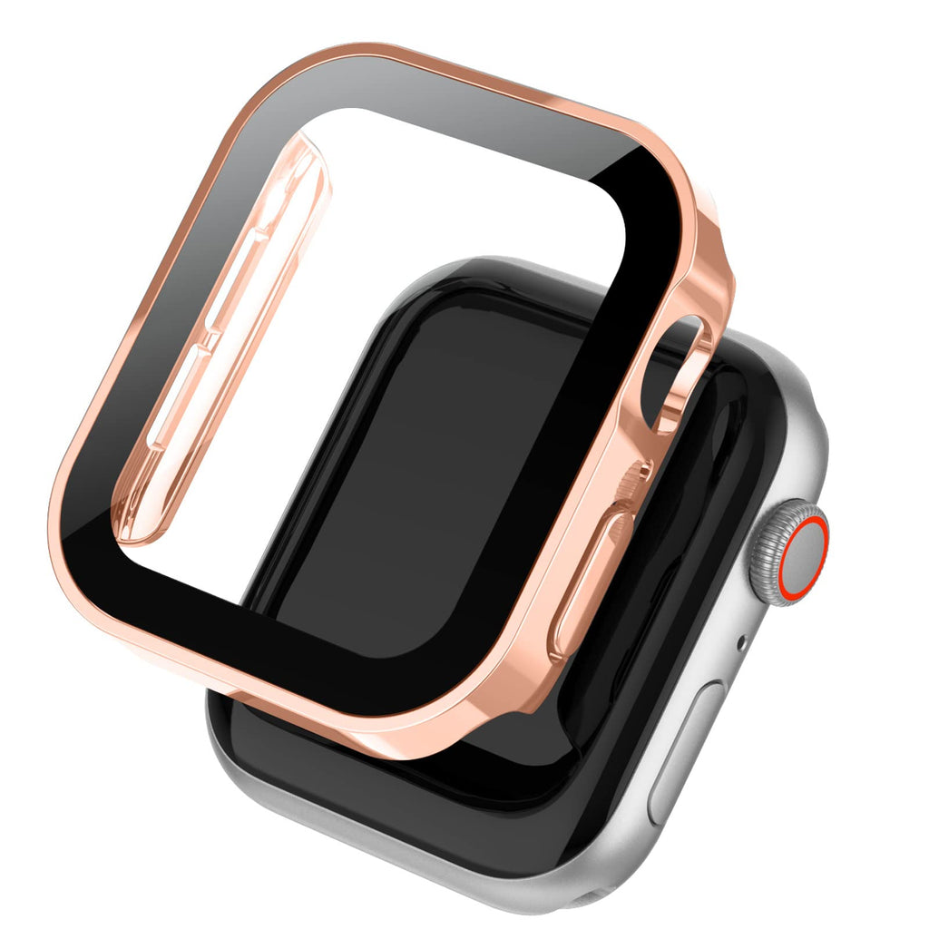 [Australia - AusPower] - Kakurookie Straight Edge Case Compatible with Apple Watch 45mm Series 7 with Tempered Glass Screen Protector, iWatch Full Protective Hard PC Bumper Case Face Cover (Rose Gold) Rose Gold 