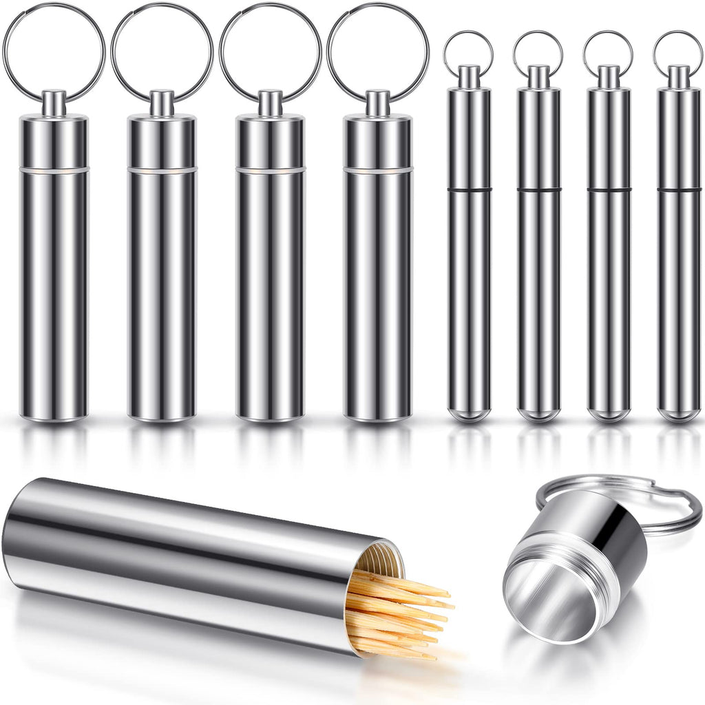 [Australia - AusPower] - 8 Pieces Toothpick Holder Pocket Metal Portable Toothpick Holder Portable Silver Aluminum Toothpick Carrying Case Toothpick Case Pocket with Keychain Toothpick Container for Outdoor Camping, 2 Sizes 
