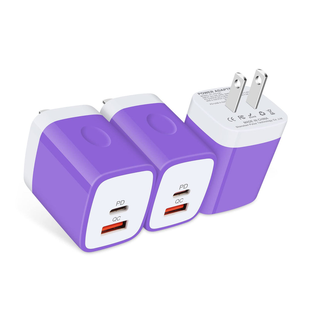 [Australia - AusPower] - USB C Charger Block, 3Pack 20W Dual Port Fast Charger, USB Type C PD + QC 3.0 Fast Wall Charger Power Adapter for iPhone 13 12 Mini Pro Max SE 11 Pro Max XR XS X 8 Plus, Samsung S22 S21 S20 A12 A32 Purple 