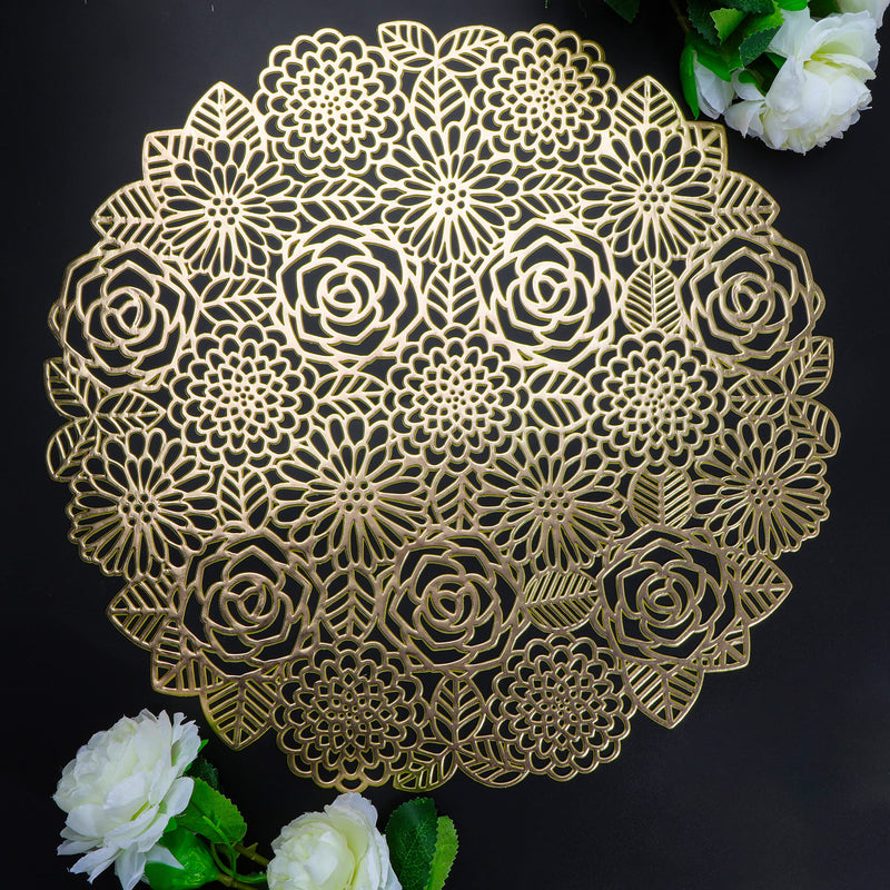 [Australia - AusPower] - Rose Leaf Round Gold Placemats Set of 6 15" Dining Table Set Pressed Vinyl Metallic Hollow Out Placemats for Valentine Wedding Party Non-Slip Floral Place Mats Snowkingdom 