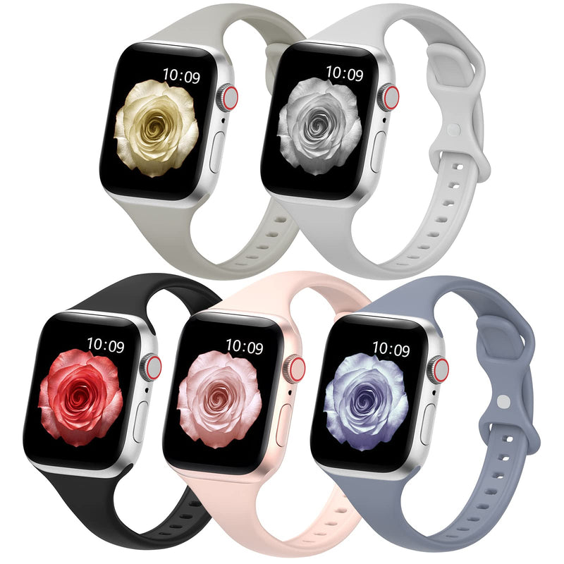 [Australia - AusPower] - 5 PACK Slim Band Compatible with Apple Watch Band 38mm 40mm 41mm 42mm 44mm 45mm for Women Men, Thin Narrow Soft Silicone Replacement Strap Band for iwatch SE/Series 7/6/5/4/3/2/1 Black/Gray/Stone/Lavender-Gray/Pink Sand 38mm/40mm/41mm 